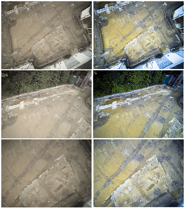 Fouilles archéologiques, ferme, Bois des Anses, photographies aériennes, Seigneurie de Bois-Briand, marais, ferme urbaine, pôle métropilitain, recherche archéologique, diagnostic, sondages, trace d'occupation domestique, âge du Fer, habitat gaulois, enclos, niveau de sol, colorimétrie, Nantes, Direction du Patrimoine et de l'Archéologie